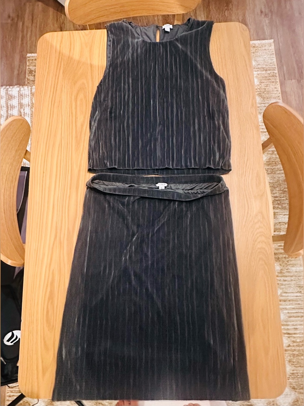 J. Crew Olive Velvet Pinstripe Pleated Top + Skirt Size Large